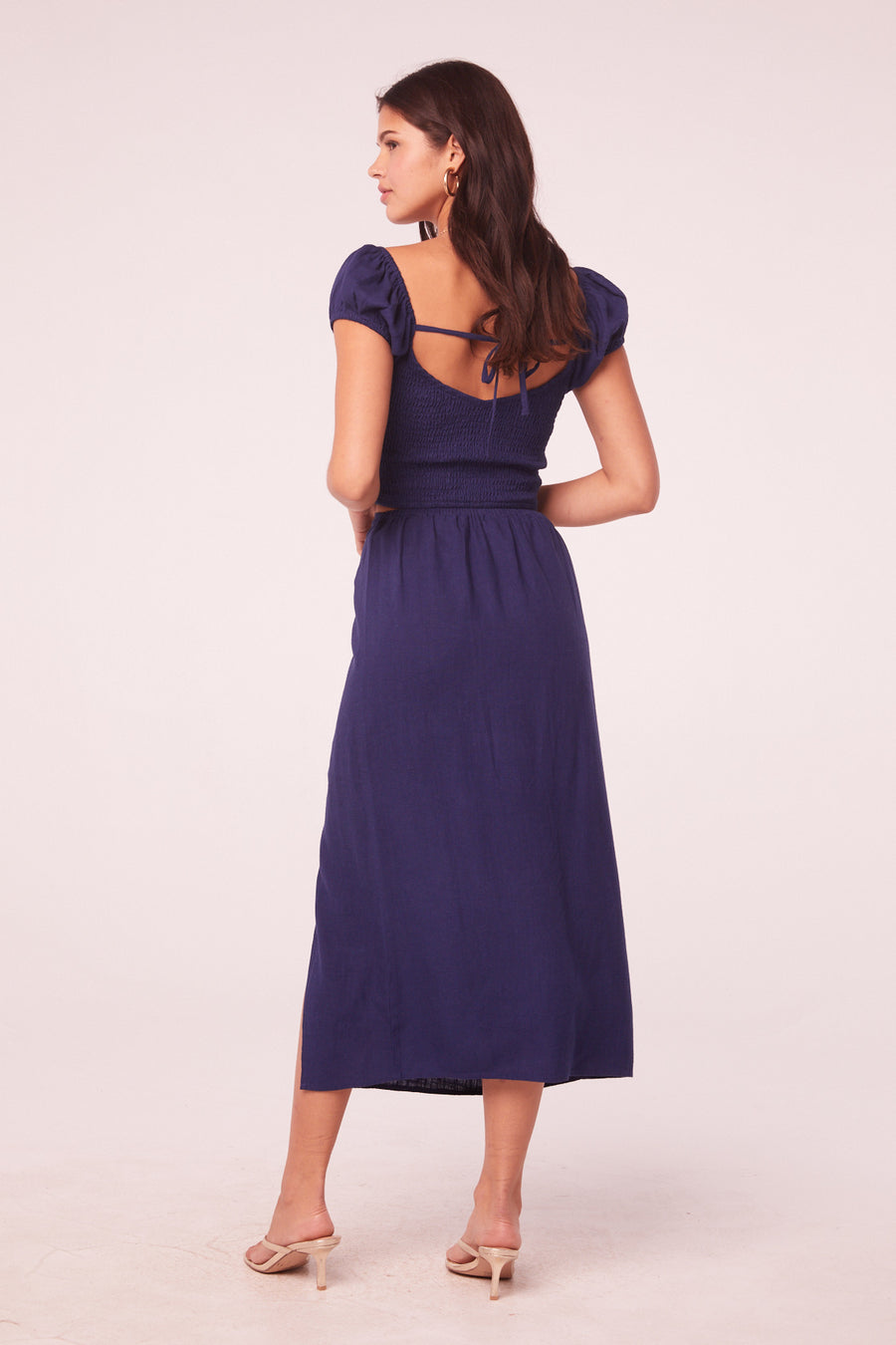 Joan Navy Linen Gathered Midi Skirt