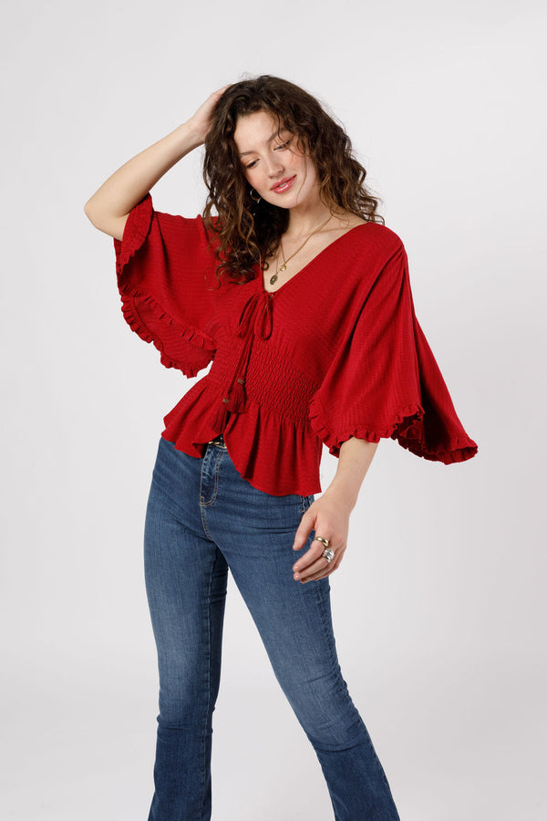 Kacey Red Smocked Waist Top