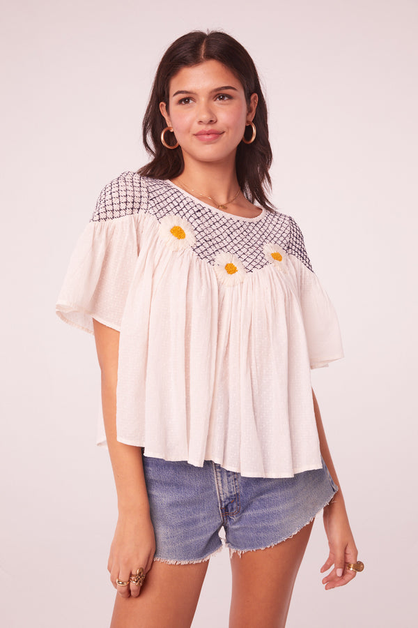 La Plage Navy Embroidered Floral Top