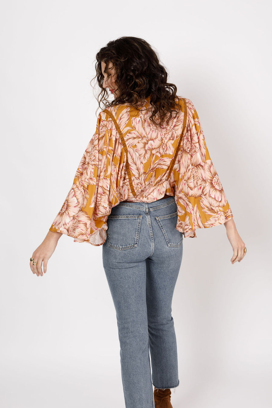 Libby Gold Floral Bell Sleeve Crop Top